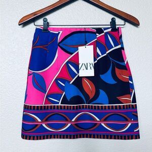 Zara Abstract Geometric Print Hot Pink Blue Skirt XS